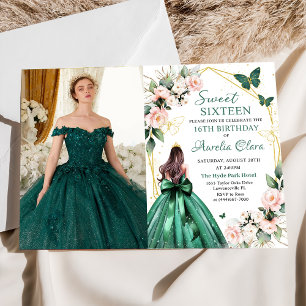 Pink Floral Butterflies Sweet sixteen 16th Photo Invitation