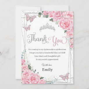 Pink Floral Butterflies Sweet Sixteen Quinceañera Thank You Card