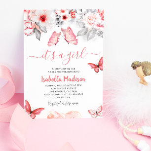 Pink Floral Butterfly Baby Girl Shower Invitation