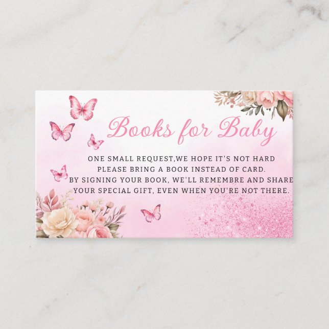 Pink Floral Butterfly Baby Shower Books for Baby Enclosure Card (Front)