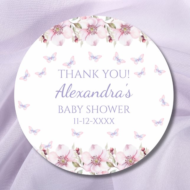 Pink Floral Butterfly Baby Shower Thank You Classic Round Sticker (Creator Uploaded)