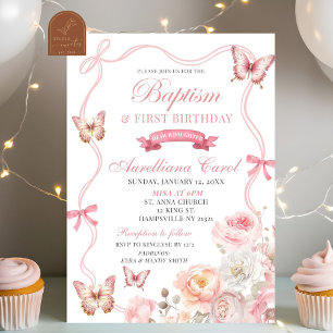Pink Floral Butterfly Baptism & 1st Birthday Invitation