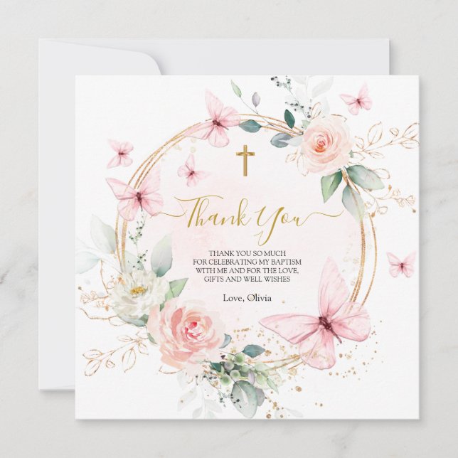 Pink Floral Butterfly Baptism Christening  Thank You Card (Front)