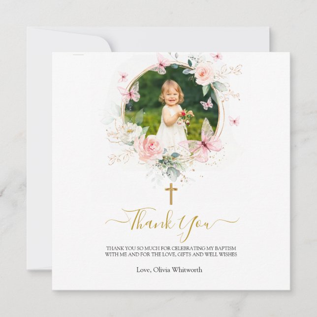 Pink Floral Butterfly Baptism Christening  Thank You Card (Front)