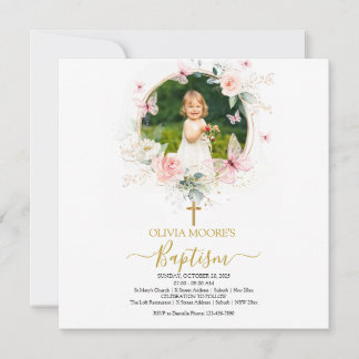 Pink Floral Butterfly Baptism Invitation
