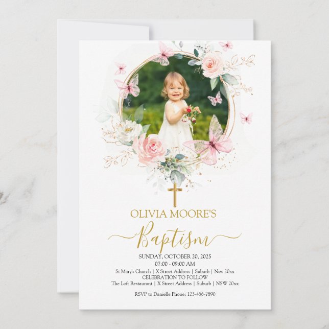 Pink Floral Butterfly Baptism Invitation (Front)