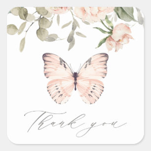 Pink Floral Butterfly Birthday Party Thank You Square Sticker