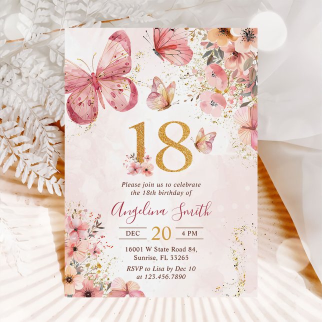 Pink Floral Butterfly Girl 18th Birthday Party Invitation (Creator Uploaded)