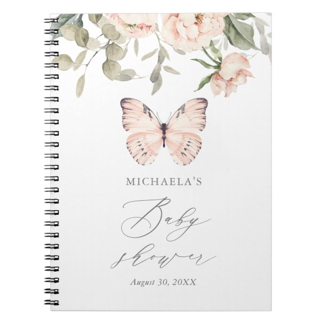 Pink Floral Butterfly Girl Baby Shower Guestbook Notebook (Front)