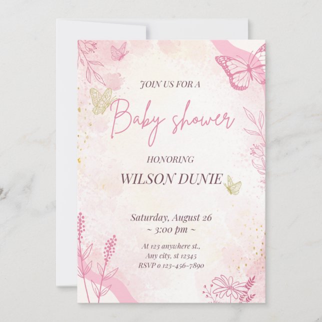 Pink Floral Butterfly Girl Baby Shower Invitation (Front)