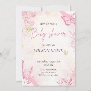 Pink Floral Butterfly Girl Baby Shower Invitation