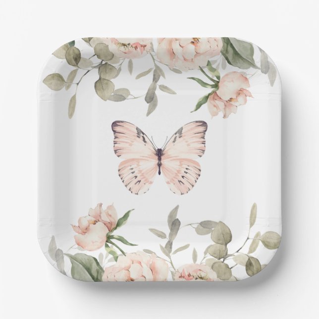 Pink Floral Butterfly Girl Baby Shower Paper Plate (Front)