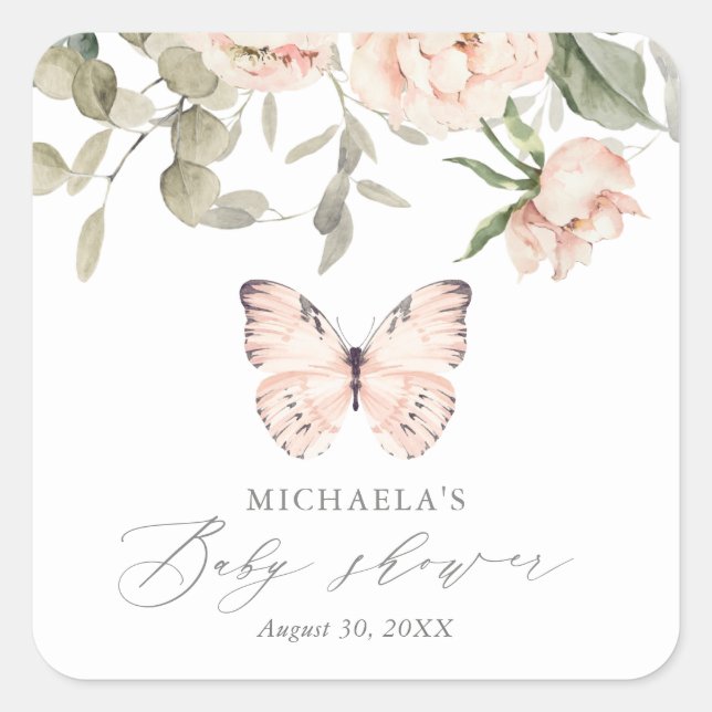 Pink Floral Butterfly Girl Baby Shower Square Sticker (Front)