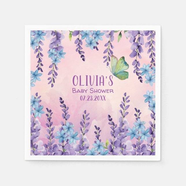 Pink Floral Butterfly Girl Baby Shower Welcome Napkin (Front)