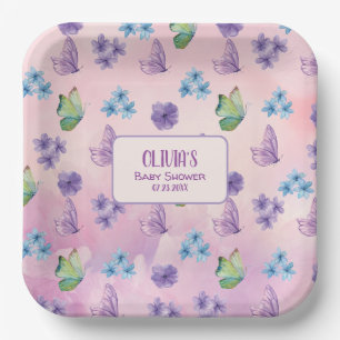 Pink Floral Butterfly Girl Baby Shower Welcome Paper Plate