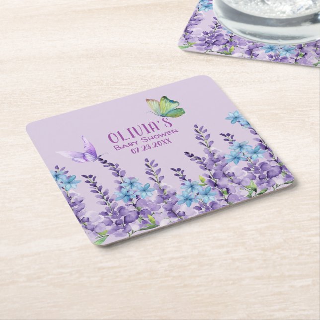 Pink Floral Butterfly Girl Baby Shower Welcome Square Paper Coaster (Angled)