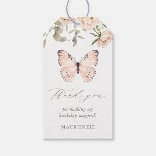 Pink Floral Butterfly Girl Birthday Party Gift Tags
