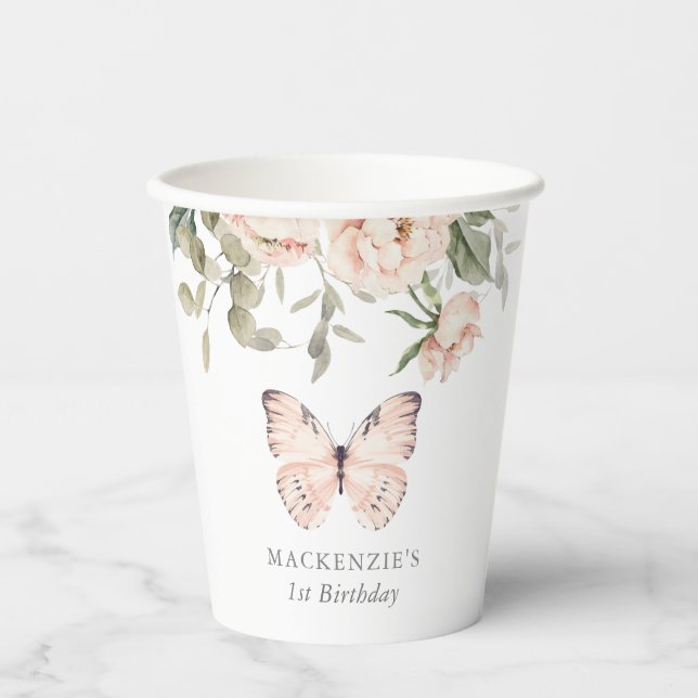 Pink Floral Butterfly Girl Birthday Party Paper Cups (Front)
