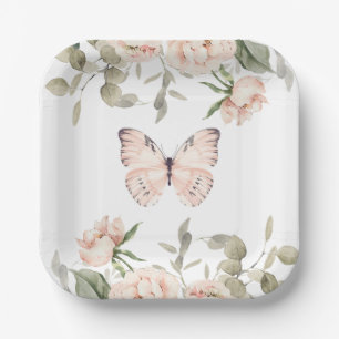 Pink Floral Butterfly Girl Birthday Party Paper Plate
