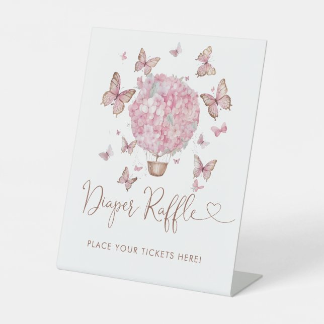 Pink Floral Butterfly Girl Diaper Raffle Ticket Pedestal Sign (Front)