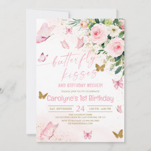 Pink Floral Butterfly Kisses and Birthday Wishes Invitation