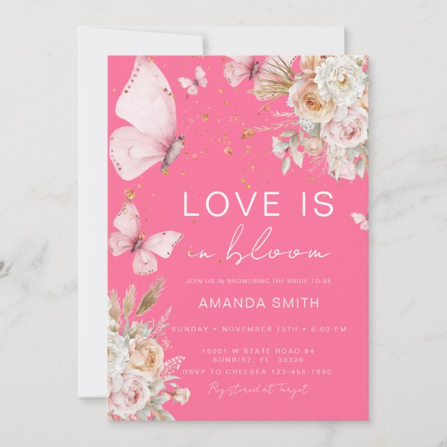 Pink Floral Butterfly Loves in Bloom Bridal Shower Invitation (Front)