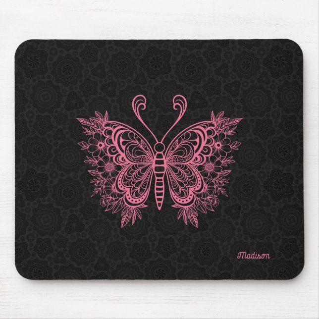 Pink floral butterfly on black mouse mat (Front)