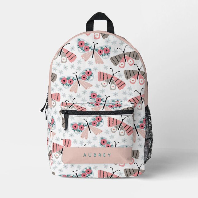 Pink Floral Butterfly Pattern Printed Backpack (Front)