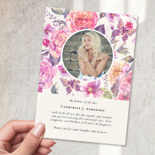Pink Floral Butterfly Photo Sympathy Funeral Thank You Card