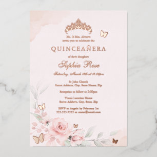 Pink Floral Butterfly Rose Gold Quinceanera 15th