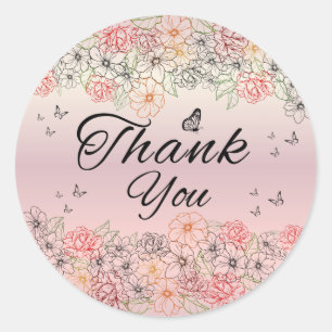 Pink Floral Butterfly Round Thank You Sticker