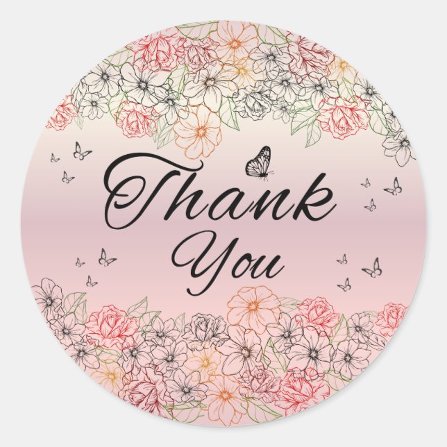 Pink Floral Butterfly Round Thank You Sticker (Front)