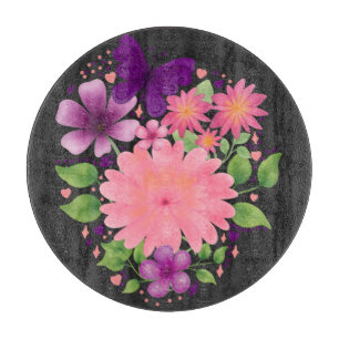 Pink Floral Butterfly Watercolor Design Cutting Board