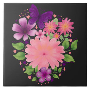 Pink Floral Butterfly Watercolor Design Tile