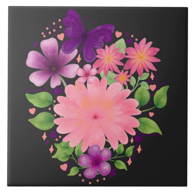 Pink Floral Butterfly Watercolor Design  Tile (Front)
