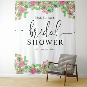 Pink Floral Cactus Cacti Succulent Bridal Shower Tapestry