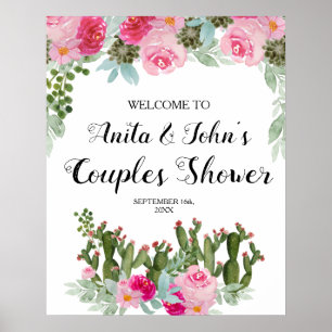 Pink Floral Cactus Couples Shower Welcome Sign