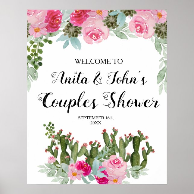 Pink Floral Cactus Couples Shower Welcome Sign (Front)