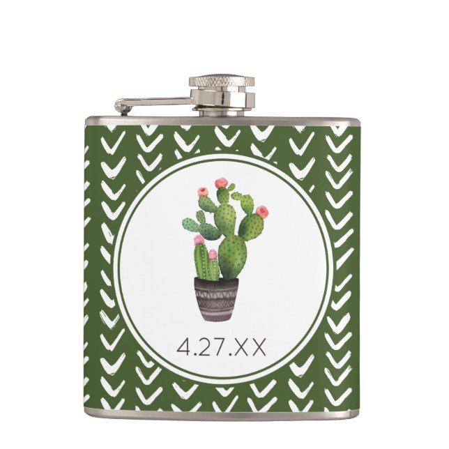 Pink Floral Cactus Hip Flask (Front)