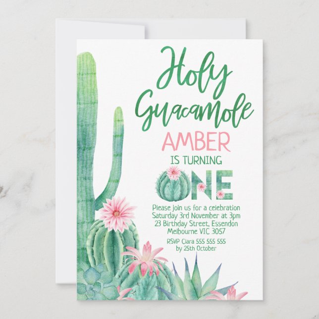 Pink Floral Cactus Holy Guacamole 1st Birthday Invitation (Front)