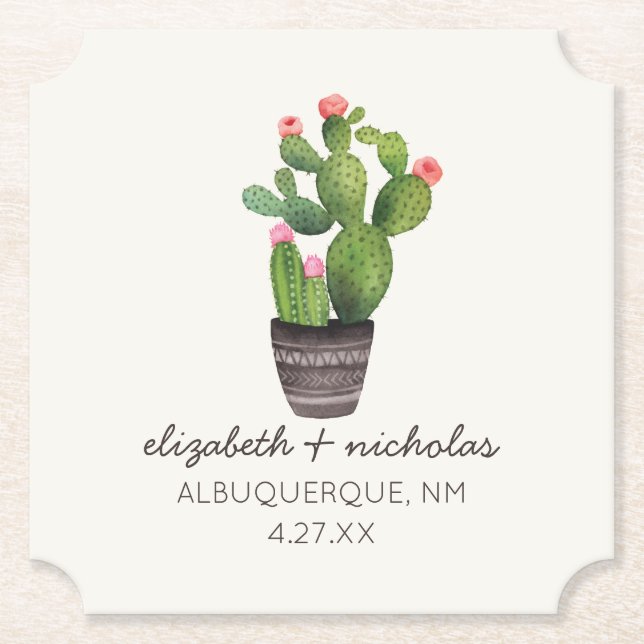 Pink Floral Cactus Paper Coaster (Front)