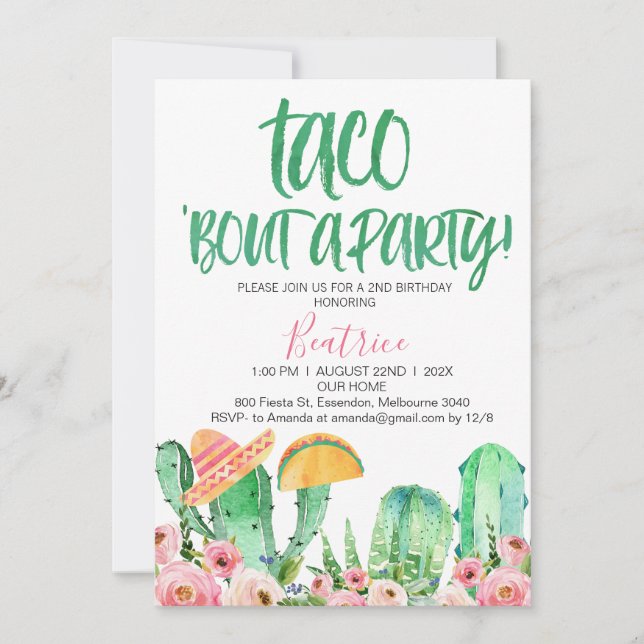 Pink Floral Cactus Taco Bout A Party Birthday Invitation (Front)