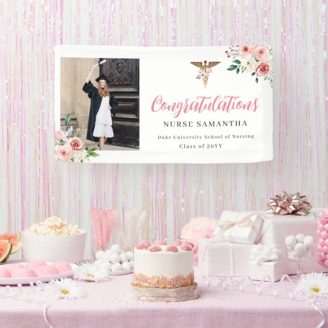 Pink Floral Caduseus Congratulations Nurse Photo  Banner (Party)