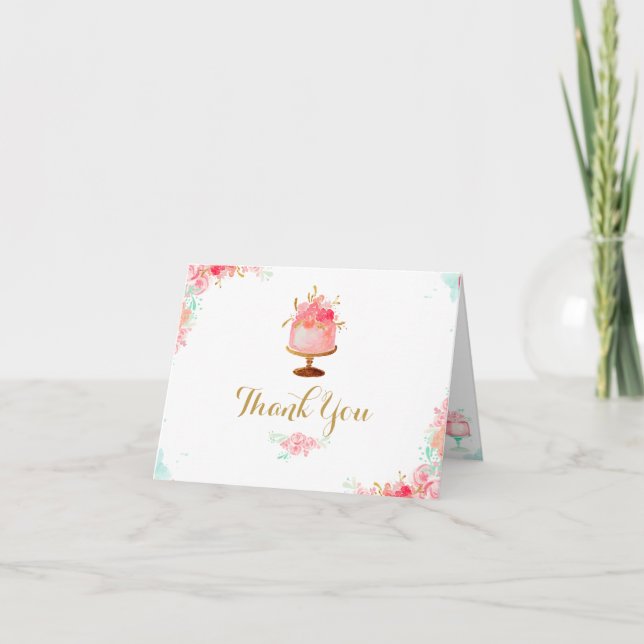 Pink Floral Cake Bridal Shower Thank You Card (Front)