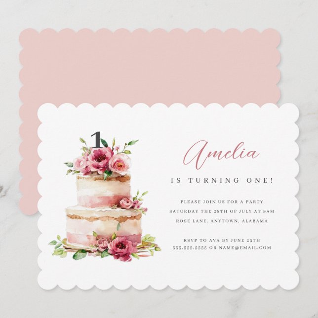 Pink Floral Cake First Birthday Party Invitation (Front/Back)