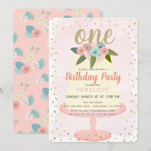 Pink Floral Cake Girl 1st Birthday Invitation