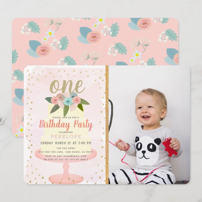 Pink Floral Cake Girl Photo 1st Birthday Invitation (Front/Back)