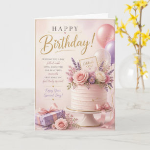 Pink Floral Cake Happy Birthday Card