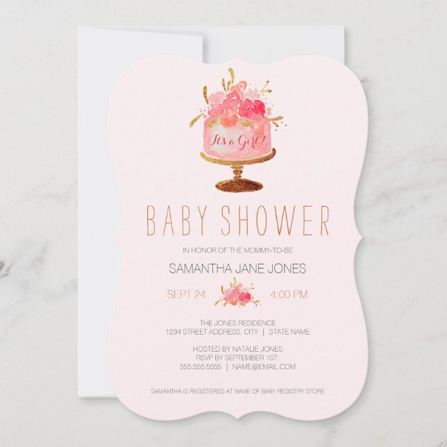 Pink Floral Cake Its a Girl Baby Shower Invite (Front)