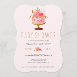 Pink Floral Cake Its a Girl Baby Shower Invite